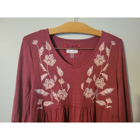 Cupio Burgundy Embroidered 3/4 Sleeve Tunic Top Size M - Picture 3 of 5